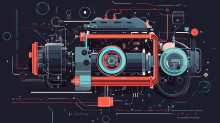 Futuristic Hybrid Car Engine - Illustration of Automotive Innovation in Flat Design