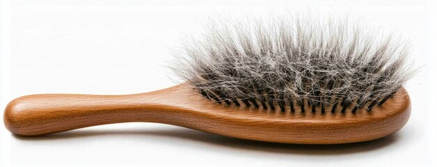 A wooden hairbrush with strands of hair resting on a clean white surface, showcasing the aftermath of grooming