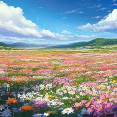 Fototapeta premium Spring Blossom Wonderland: An Infinite Canvas of Vibrant Colors in a Field of Flowers, Anime-Style, storybook illustrations, comic strips, book illustrations and picture books,Abstract concepts, game
