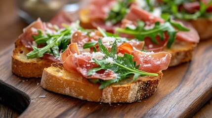 Italian bruschetta with prosciutto, arugula, and Parmesan on a wooden board.