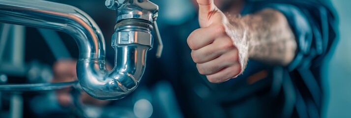 A plumber gives a thumbs up next to a well-maintained metal pipe, signifying a successful plumbing job and satisfaction with the work.