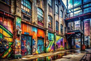 Fototapeta premium Urban Grunge: Industrial textures, graffiti, decay, bold contrast, metallic accents