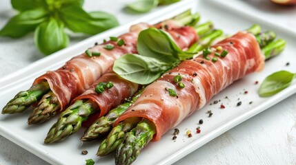 Italian prosciutto-wrapped asparagus on a white plate.