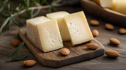 Spanish manchego cheese with quince paste and almonds on a wooden board.