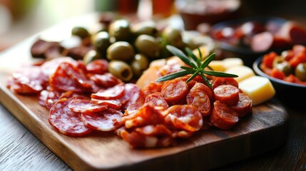 Spanish tapas assortment with olives, chorizo, and cheese on a wooden board.