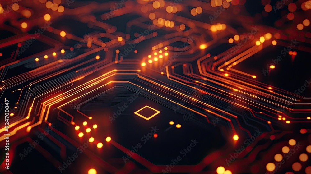 Poster top view of a circuit board pattern with glowing lines, ample copy space on the left.