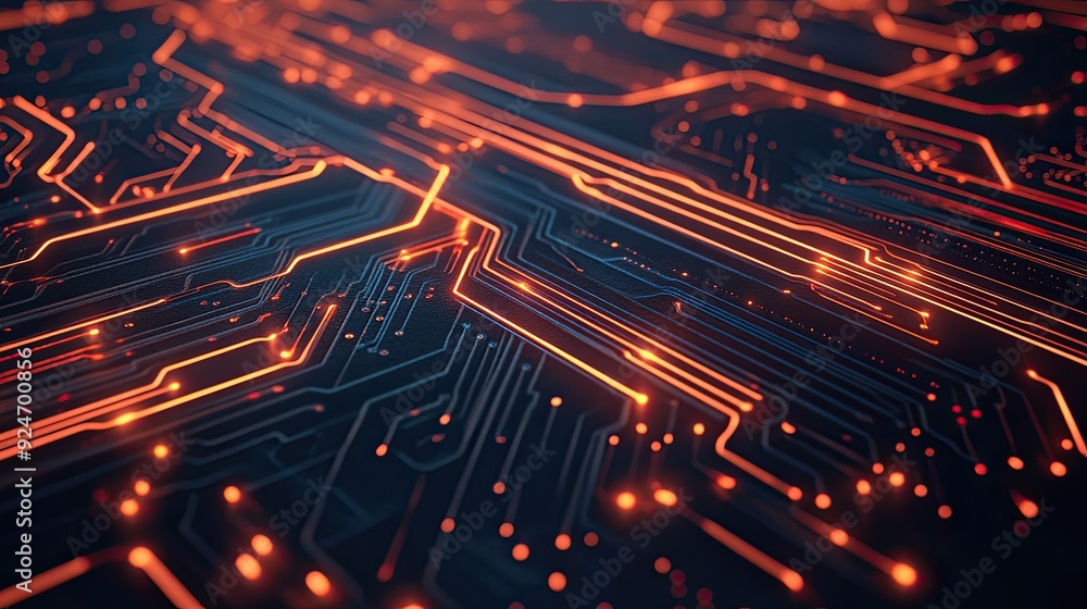 Poster top view of a circuit board pattern with glowing lines, ample copy space on the left.