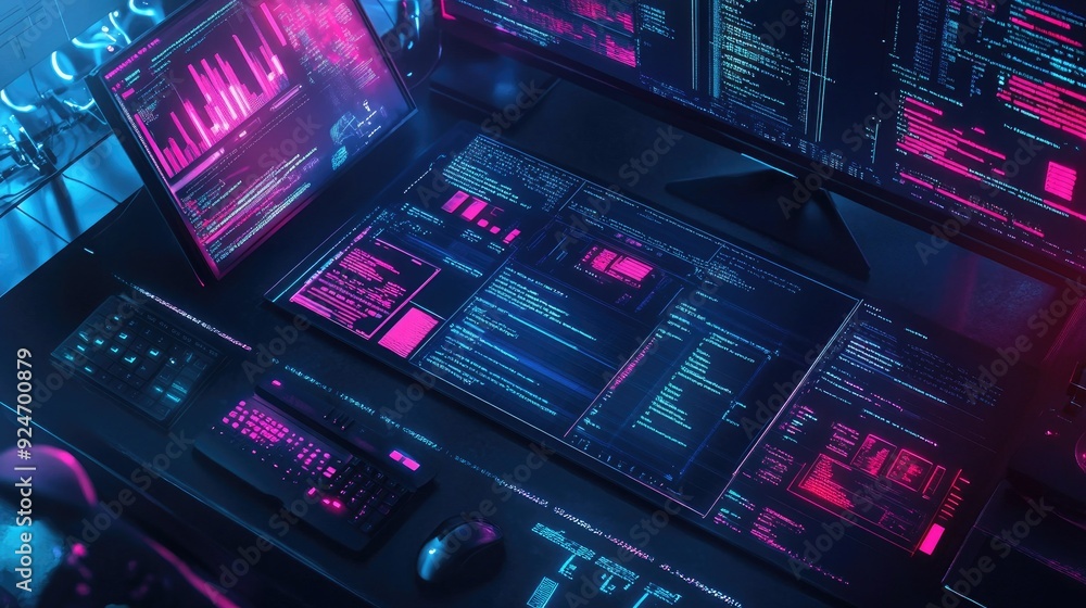 Poster top view of a coding workspace with a digital interface, copy space on the left side.