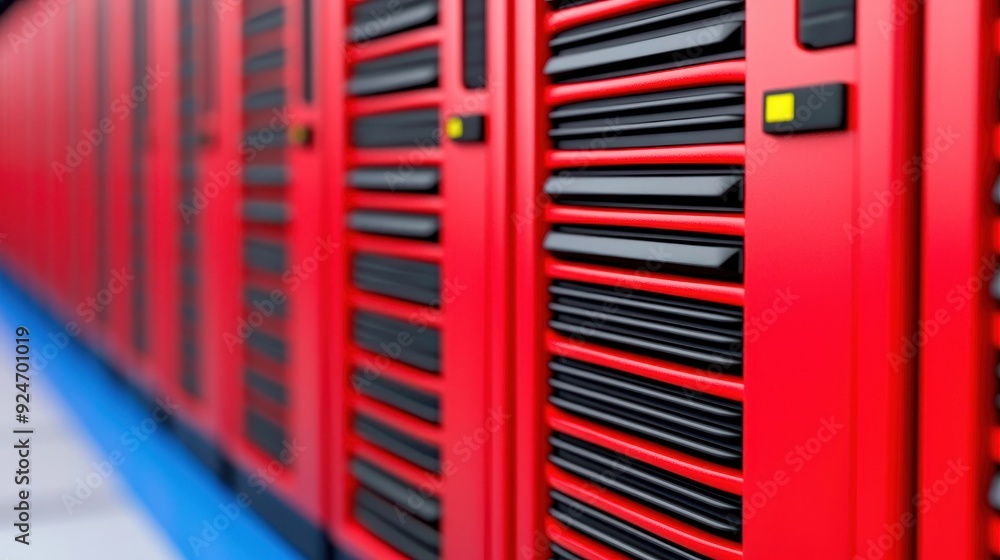 Aufkleber close-up view of modern data storage servers with red panels, showcasing high-tech equipment in a se