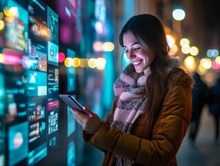 Smiling woman using phone for online shopping amid virtual screens in urban setting at night