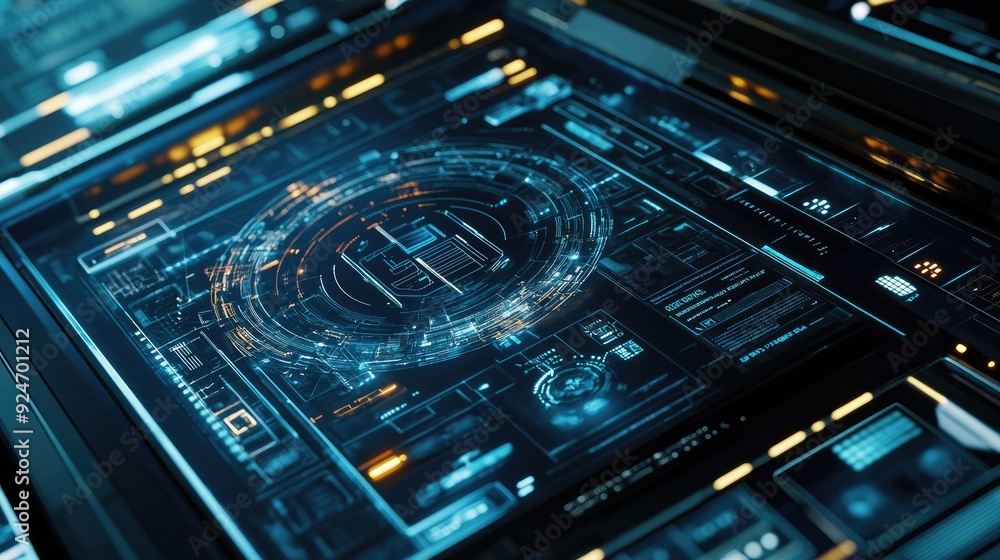 Poster top view of a futuristic interface on a digital tablet, with copy space in the bottom half.