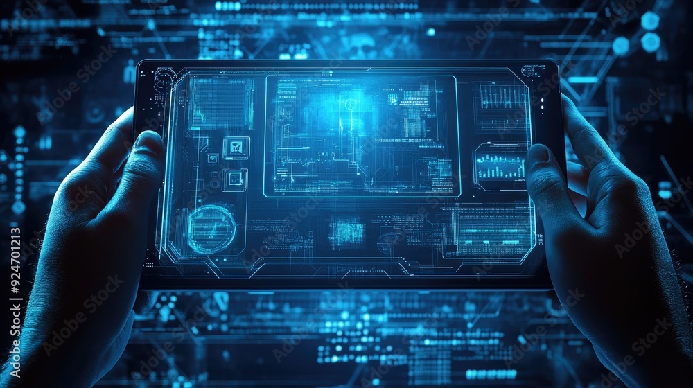 Poster top view of a futuristic interface on a digital tablet, with copy space in the bottom half.