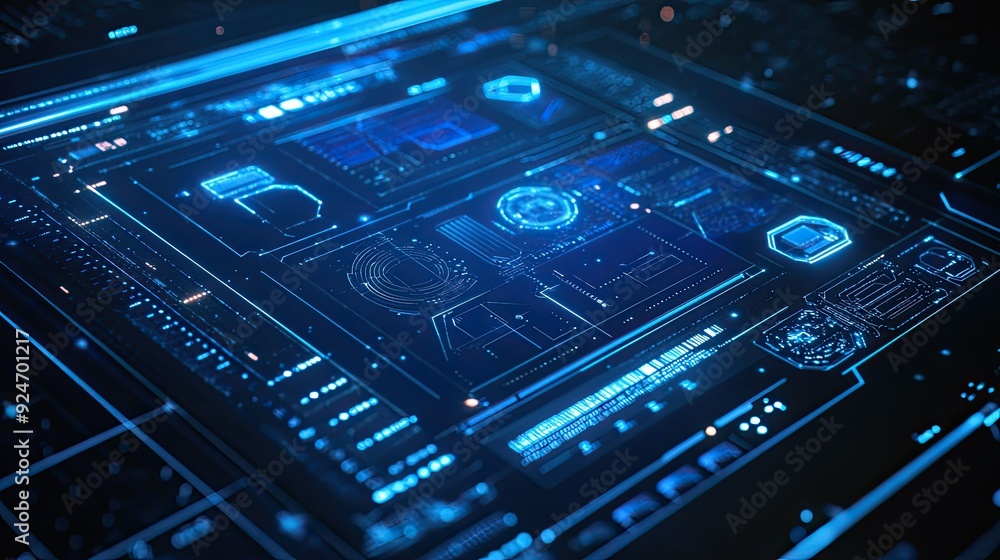 Poster top view of a futuristic interface on a digital tablet, with copy space in the bottom half