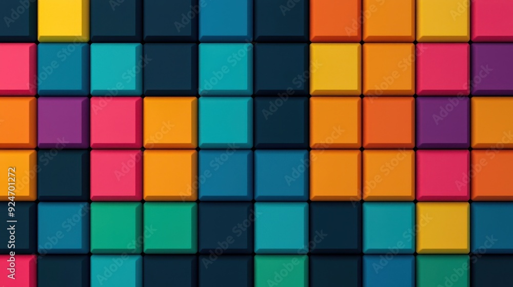 Poster a vibrant pattern of colorful squares arranged in a modern mosaic style, perfect for backgrounds and
