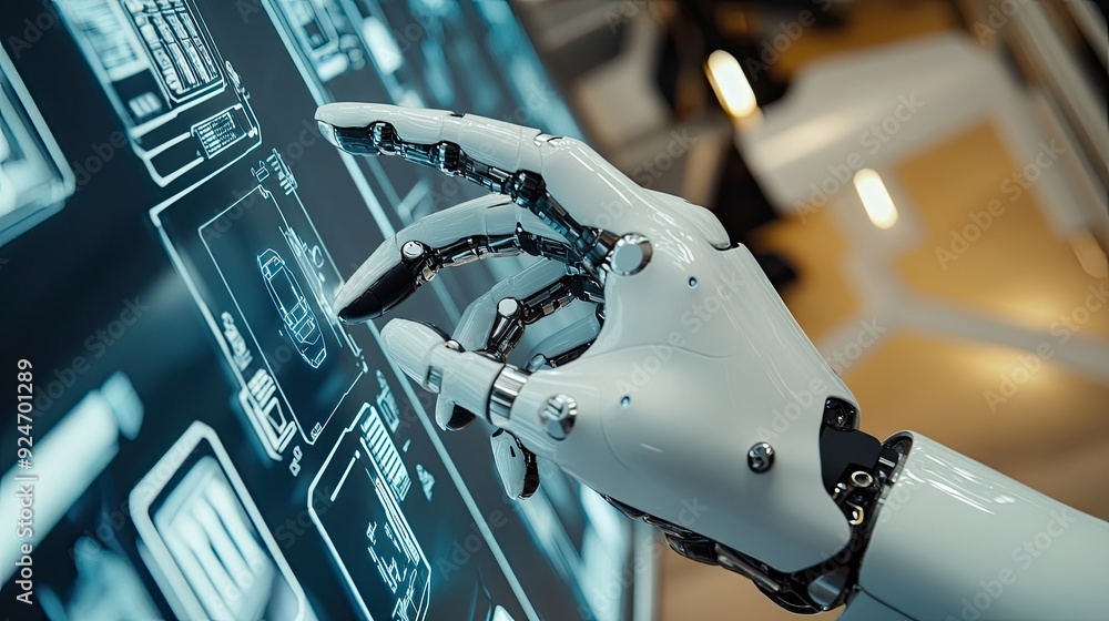 Poster top view of a robot hand interacting with a digital screen, with copy space on the right.