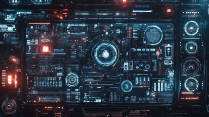 Top view of a futuristic interface on a digital tablet, with copy space in the bottom half