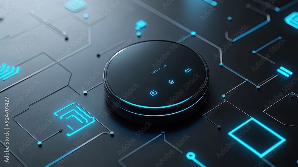 Poster top view of a smart home device on a modern tech background, with plenty of copy space on the right.