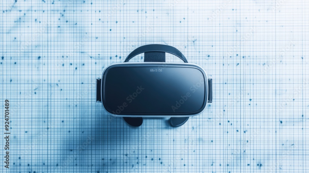 Poster top view of a virtual reality headset on a digital grid background, with ample copy space on the rig