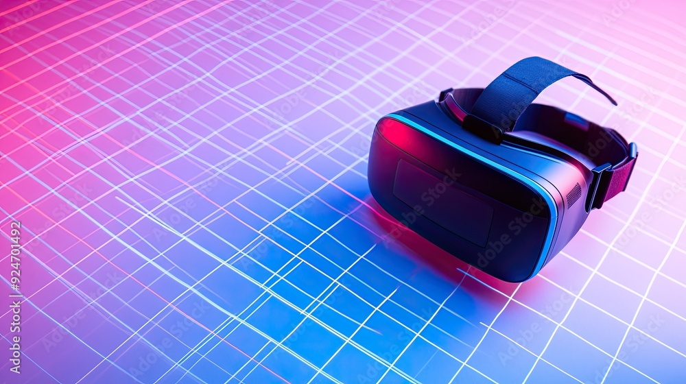 Poster top view of a virtual reality headset on a digital grid background, with ample copy space on the rig