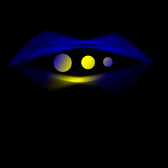 Square black background. Conceptual fantasy graphic of an alien or avatar eye portal. blue oval shape with blurred edges. Illusion of depth, dimension and distance. 3 yellow and blue orbs or planets.
