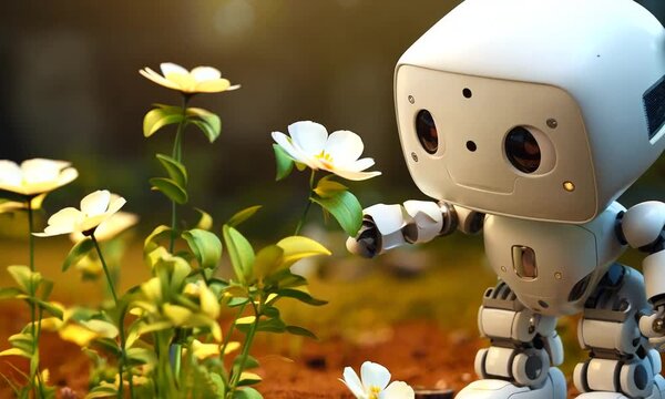 cute amazed robot is observing plants in nature animation
