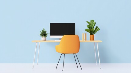Stylish home office setup featuring an orange chair, desktop computer, and potted plants on a wooden desk against a blue wall.