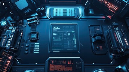 Top view of futuristic tech devices on a sleek surface, ample copy space in the center.