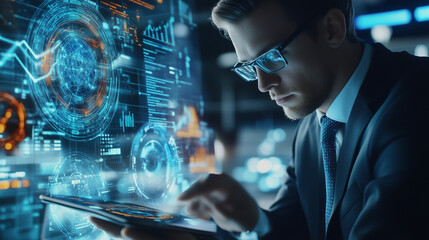 Real-time Data Analytics: Businessman Leveraging AI on Tablet