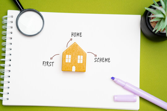 First home scheme concept. Government assistance for first-time home buyers in the form financial subsidies or favorable loan terms. Miniature house, inscriptions around it, notepad, magnifying glass