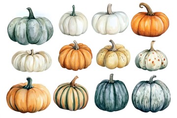 A set of autumn pumpkins, watercolor