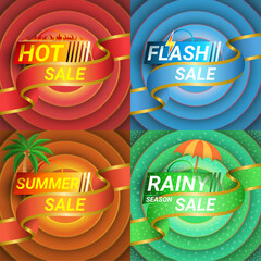 Four discount product promotion billboards, hot sale, flash sale, summer sale, rainy sale. graphic vector design.