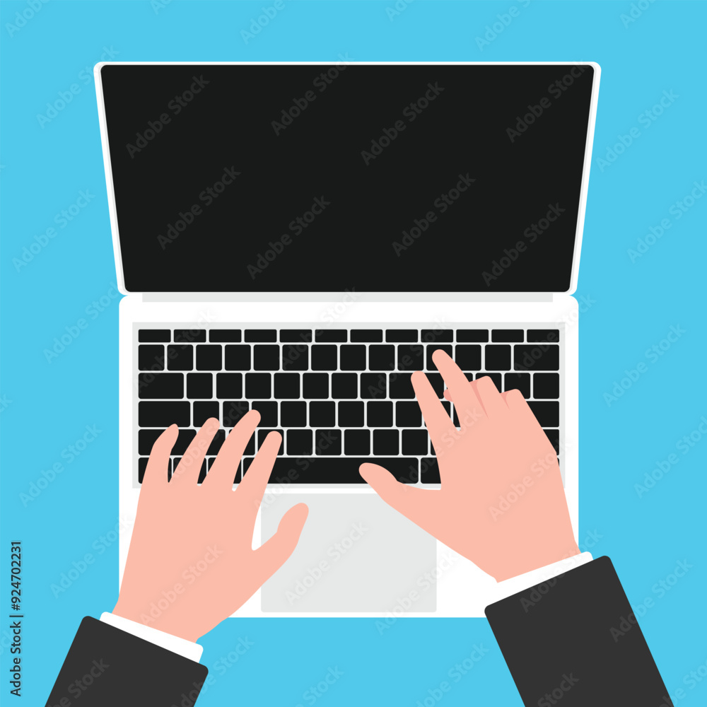 Poster hands typing on laptop keyboard, top view man working with laptop computer.