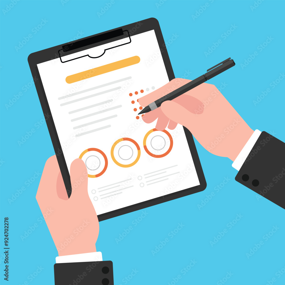 Poster hands holding clipboard with document data and point pen to the paper.