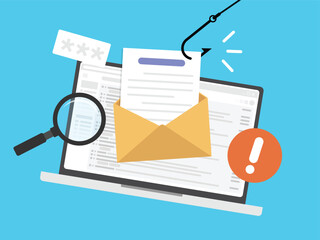 Fishing email on laptop computer, Hacking password data, Digital cyber crime, Fishing hook to document on laptop screen.