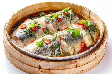 A steaming dish of fish garnished with herbs and chili in a bamboo steamer.