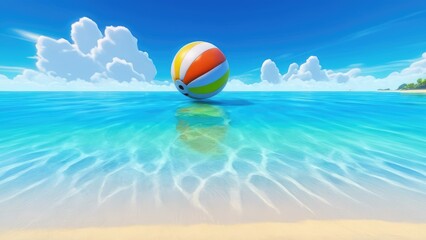 A colorful beach ball rests on golden sand with a tropical island backdrop, under a bright sun and clear blue sky, as the calm ocean waves gently reach the shore