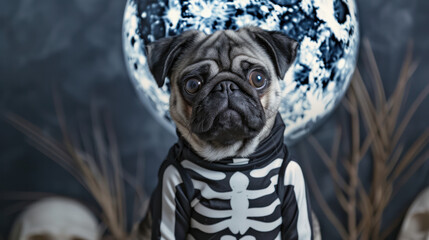 Pug Dressed as Skeleton for Halloween