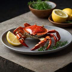 Lobster or crab with Herbs, lemon. Delicious healthy traditional food served for lunch in modern gourmet cuisine restaurant