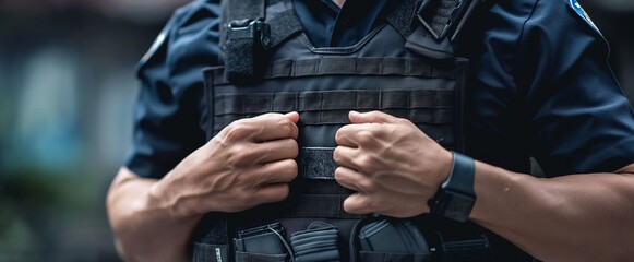 A police officer adjusts their tactical vest while standing in an urban environment, suggesting preparedness and protection.