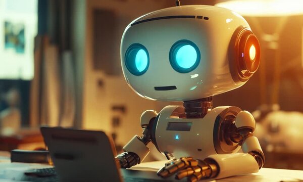 cute robot works in office on computer