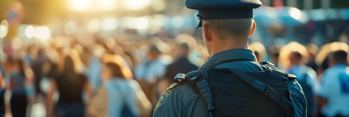 A police officer in uniform stands watch over a crowd of people at an outdoor event, the sunlight casting a warm glow over the scene.