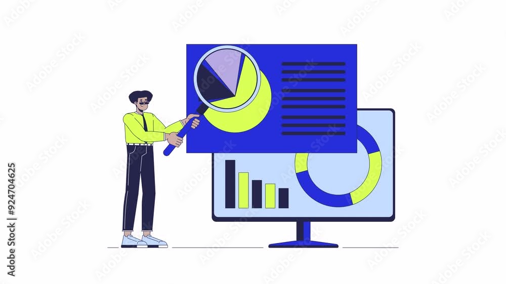Poster analytics magnifying glass line 2d animation. enlarging loupe analyst computer 4k video motion graph