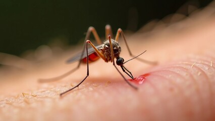 Close-up of a mosquito feeding on human skin