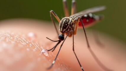 Naklejka premium Close-up of a mosquito feeding on human skin