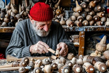 Elf meticulously crafting wooden toys in santa s workshop with soft lighting and minimalist ambiance