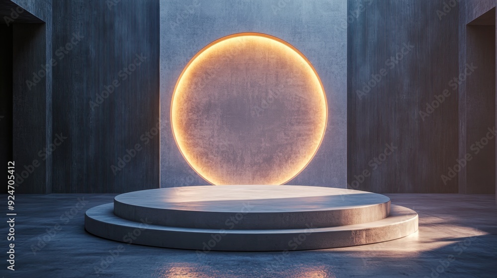 Poster modern 3d circular podium in softly lit empty space with minimalist design