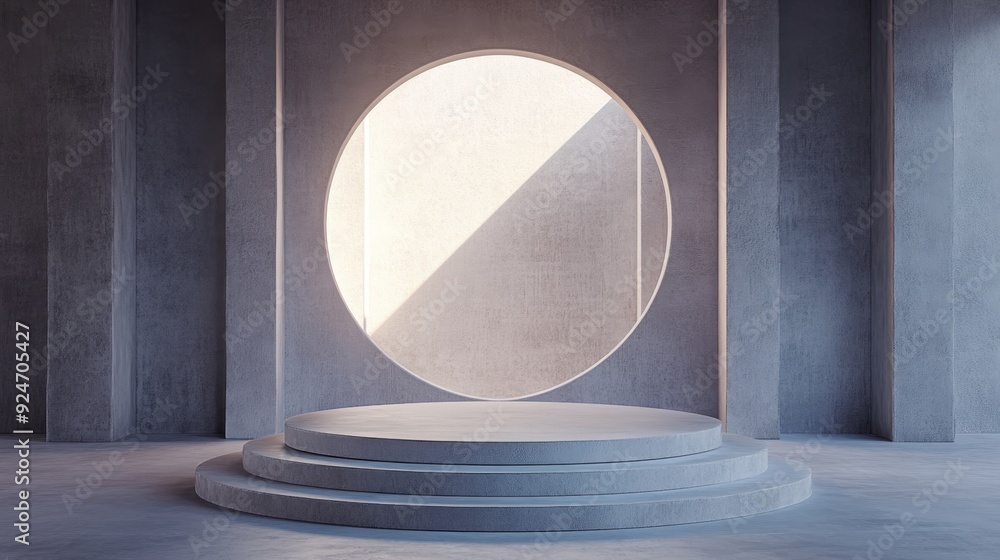 Poster minimalistic 3d circular podium in softly lit empty space for product display or award presentation