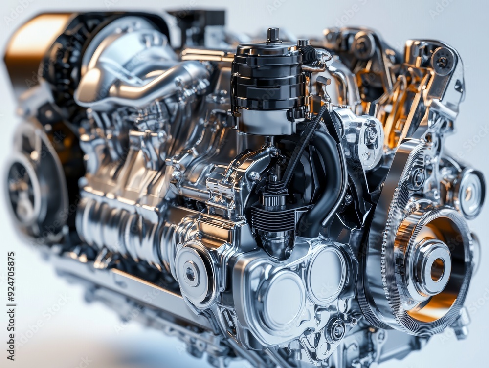 Poster abstract 3d v8 car engine rendering on black background with orange and grey elements