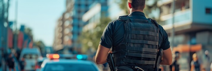 A police officer, dressed in tactical gear, oversees city traffic and ensures security, serving as a reminder of the safety measures in place.