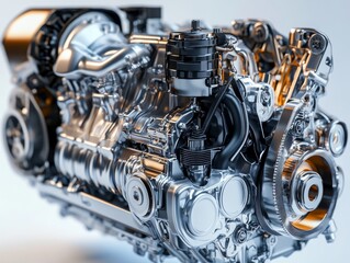Fototapeta premium Abstract 3d v8 car engine rendering on black background with orange and grey elements